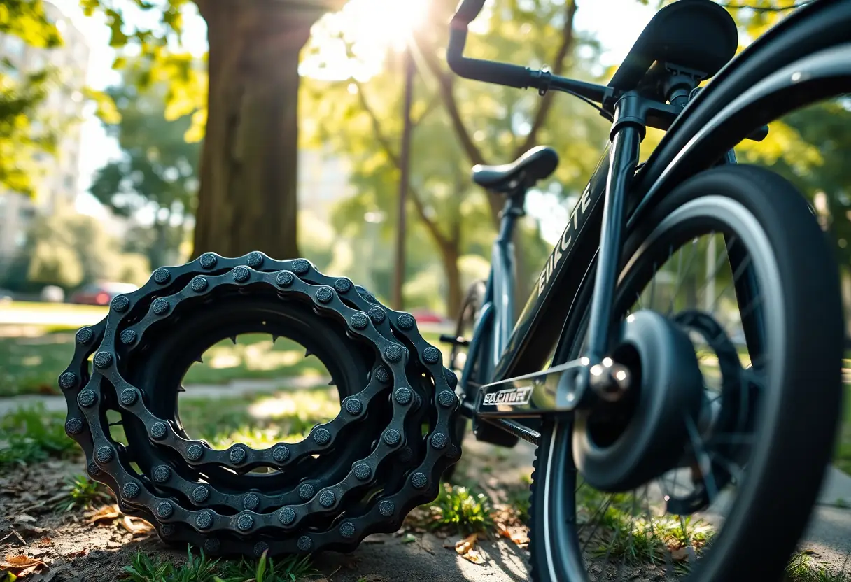 Une chaîne de vélo coillée près d'un vélo électrique pliant dans un parc