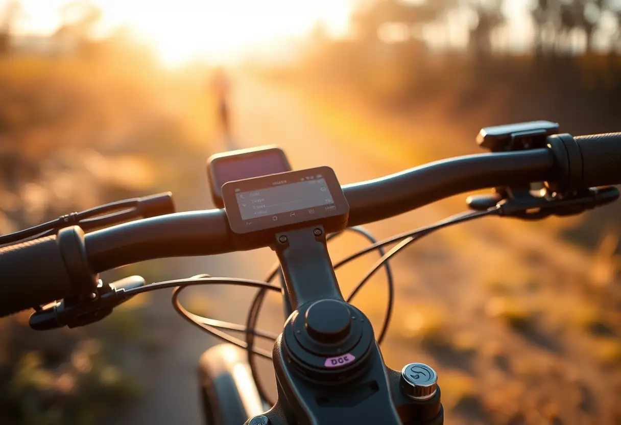 Un plan rapproché des guidons d'un vélo gravel électrique montrant le tableau de bord et les vitesses
