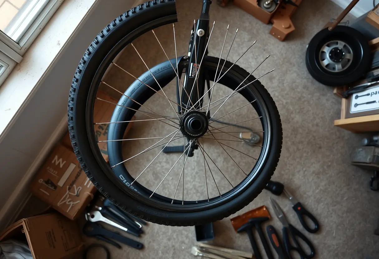 Roue de vélo sur un trépied de réparation avec des démonte-pneus