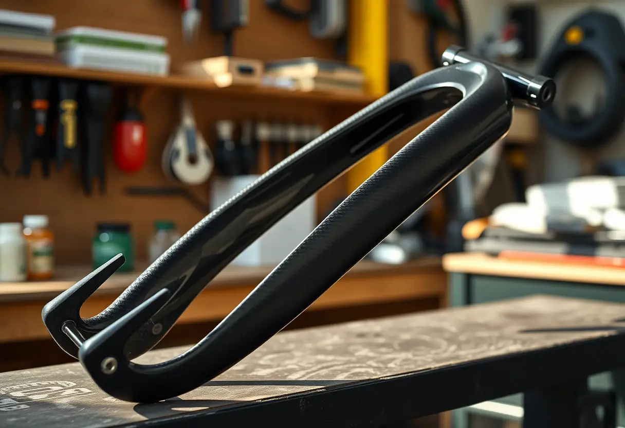 Fourche de vélo en fibre de carbone sur un pupitre