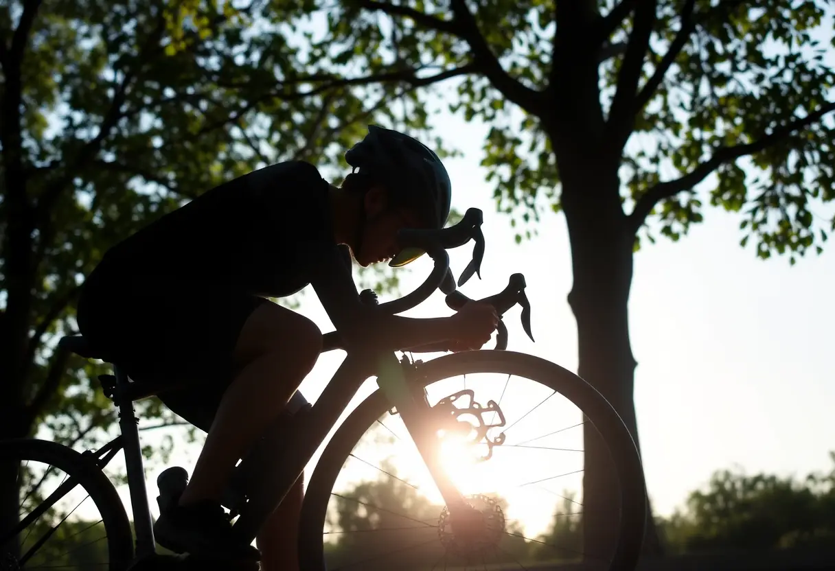 Silhouette du cycliste inspectant le rotor de frein à disque métallique sous le couvert d'un arbre