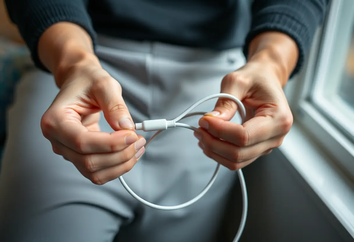 Des mains en train de rouler un câble de recharge après son utilisation