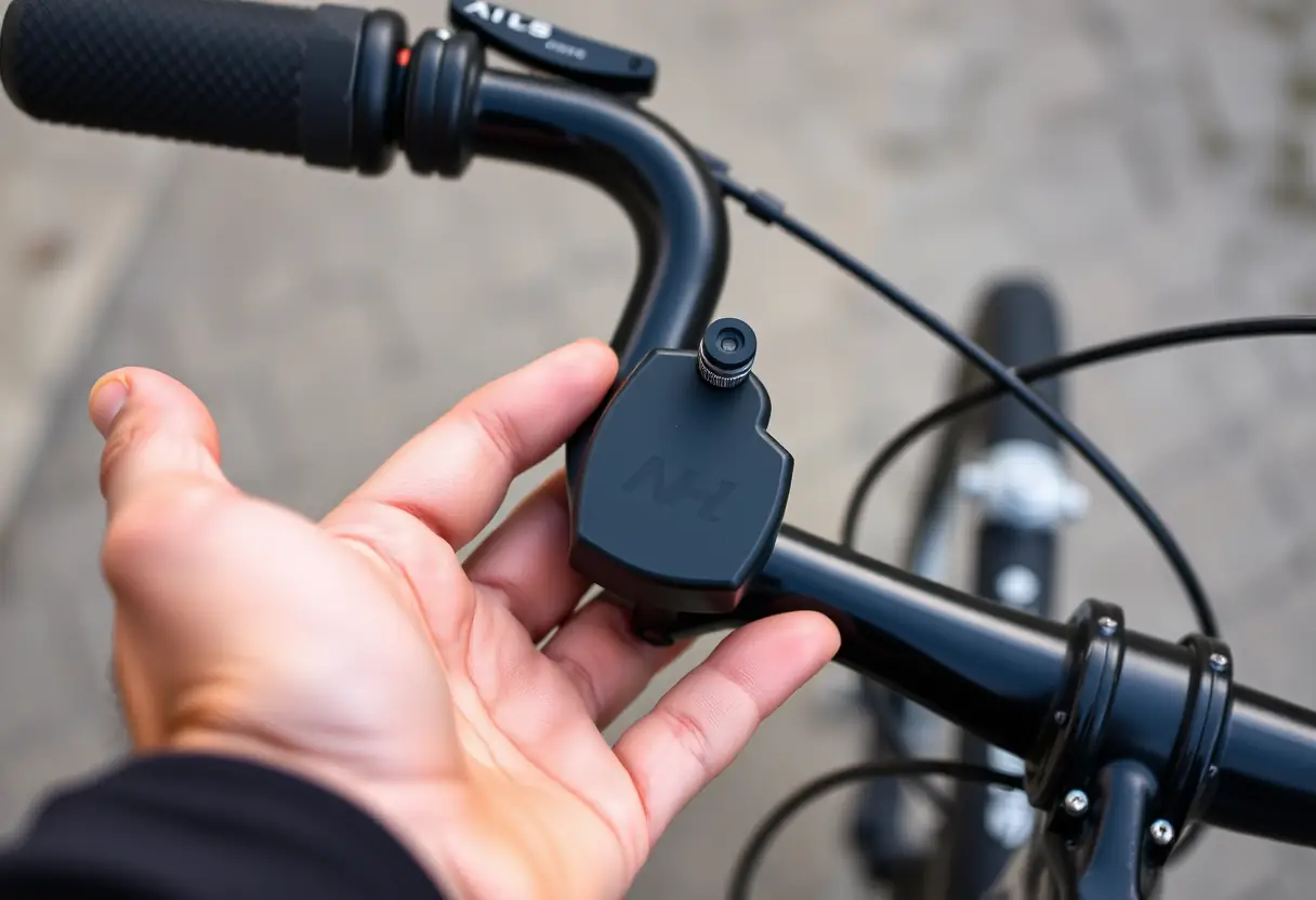 Une main libérant la gâchette d'un système de freinage hybride sur un vélo électrique KTM