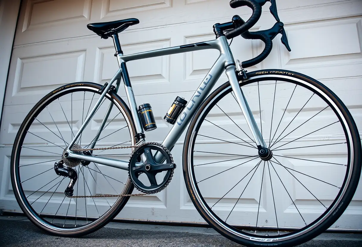 Vue large d'un vélo de route reposant contre une porte de garage, mettant en avant les jantes en carbone fines et les freins hydrauliques intégrés
