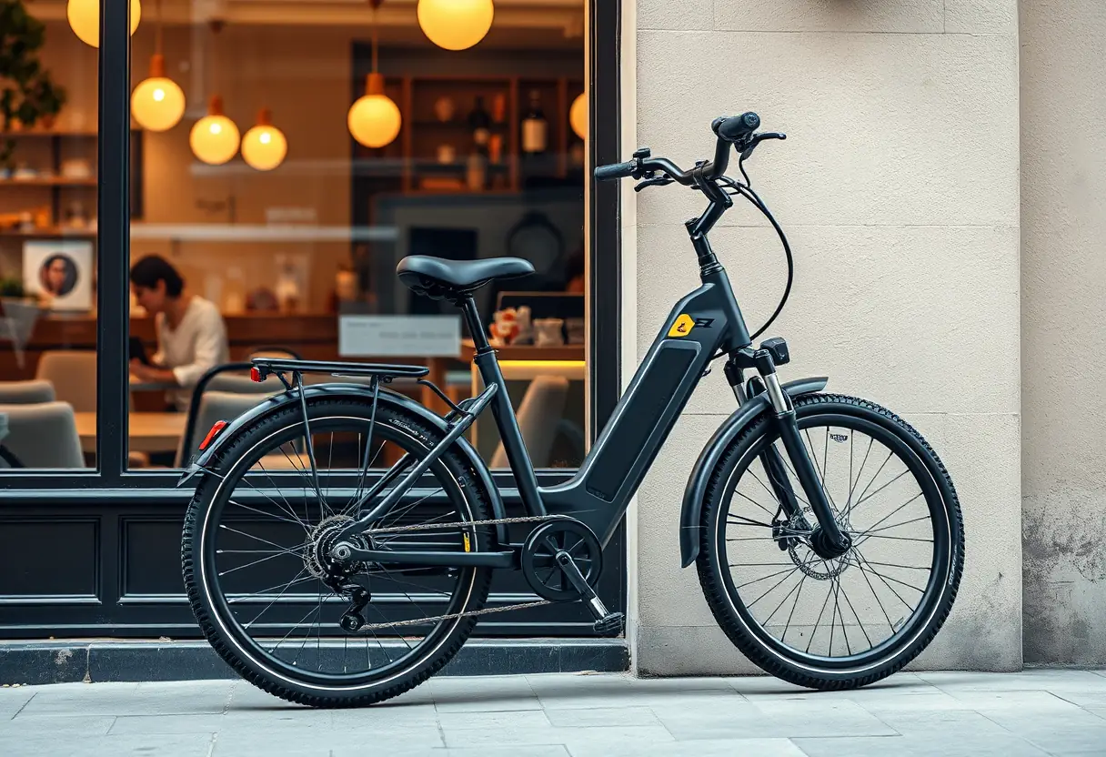 Vélo de ville électrique garé près d'une fenêtre de café le matin