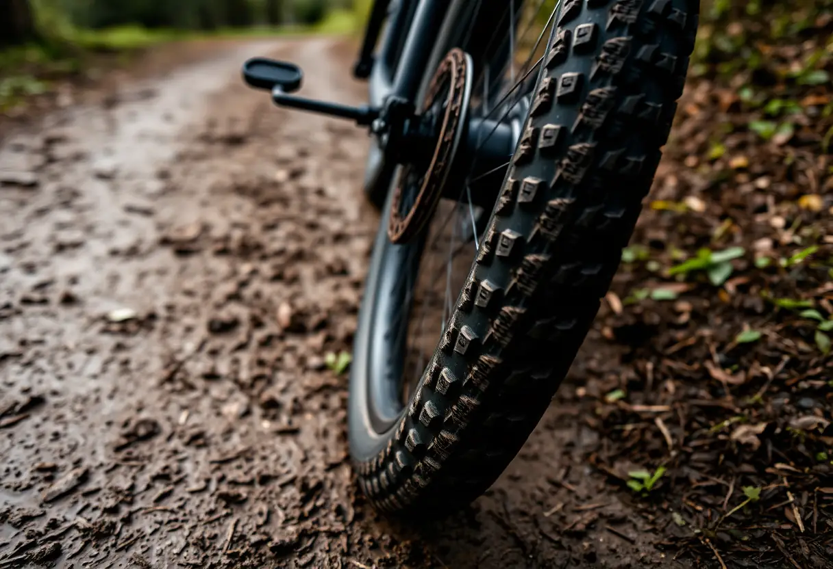 Un détail de pneu d'un vélo électrique sur un sentier boueux, montrant les marques de roues récentes, sans texte, sans écriture, sans lettres, photographie éditoriale, lumière naturelle, hyper-réaliste