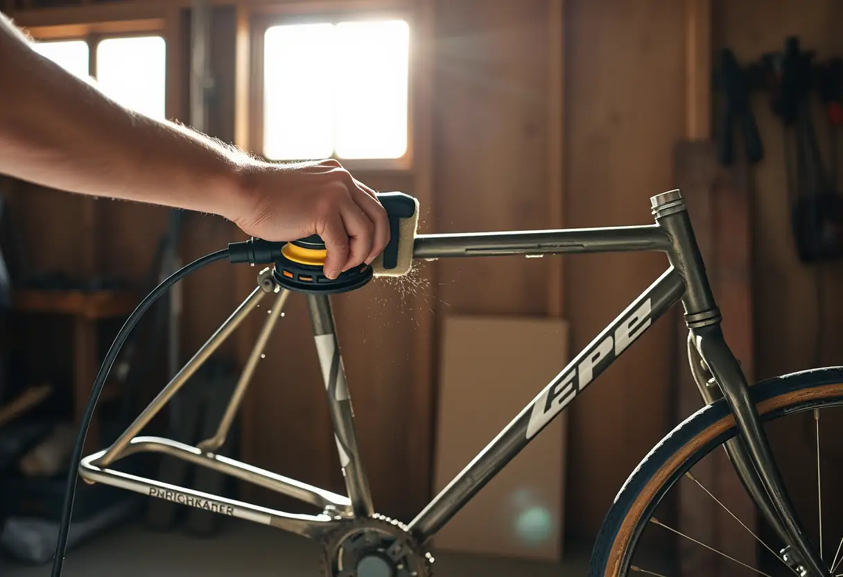 Une main tenant un sander en train de polir un cadre de vélo à molette