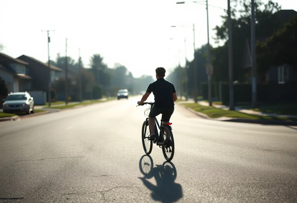 Un profil de personne qui pédale sur un petit vélo électrique dans une rue résidentielle