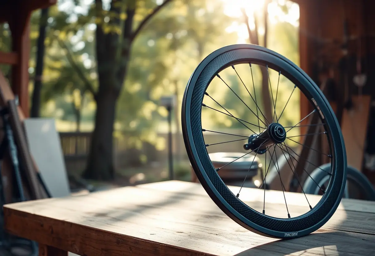 Roue de vélo en fibre de carbone sur un banc de travail