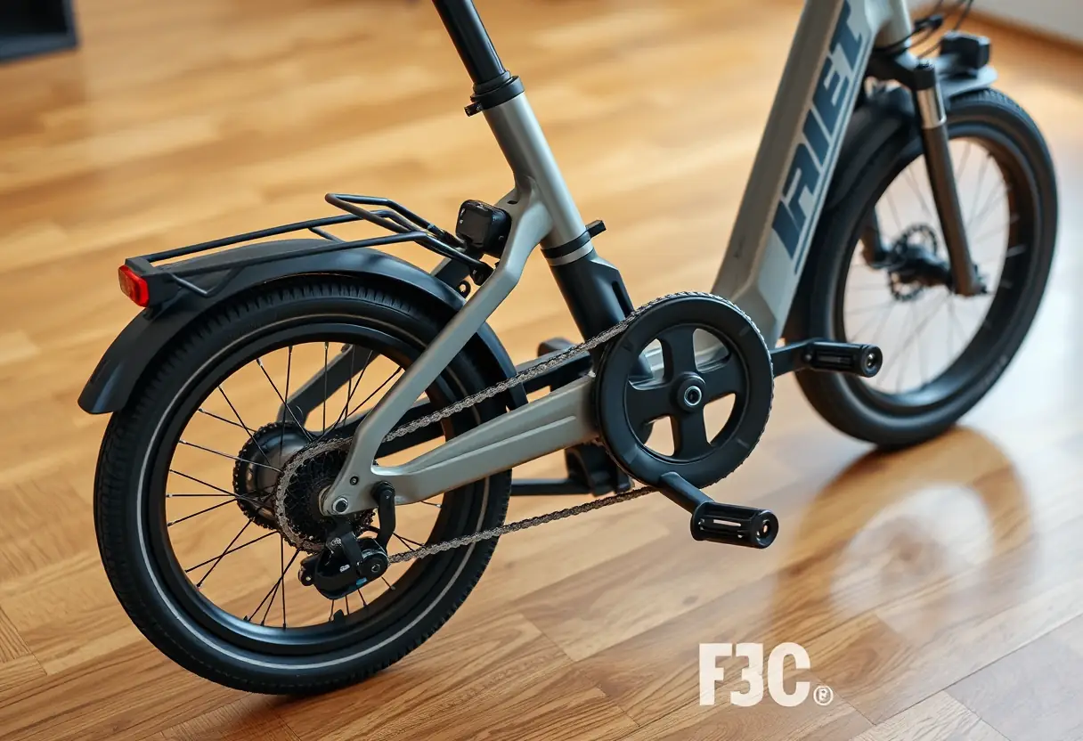 Un vélo électrique pliant posé sur un sol en bois dur