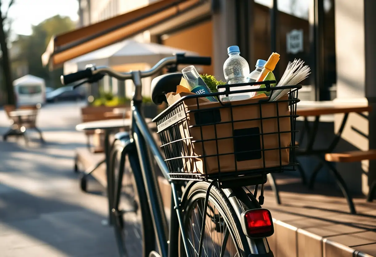 Vélo de ville avec panier rempli de provisions