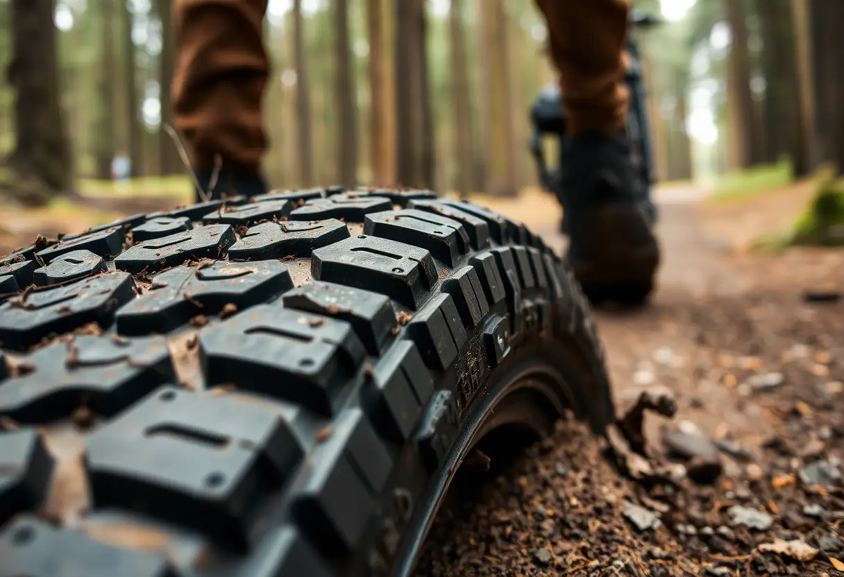 Pneu d'un vélo gravel sur un chemin de forêt
